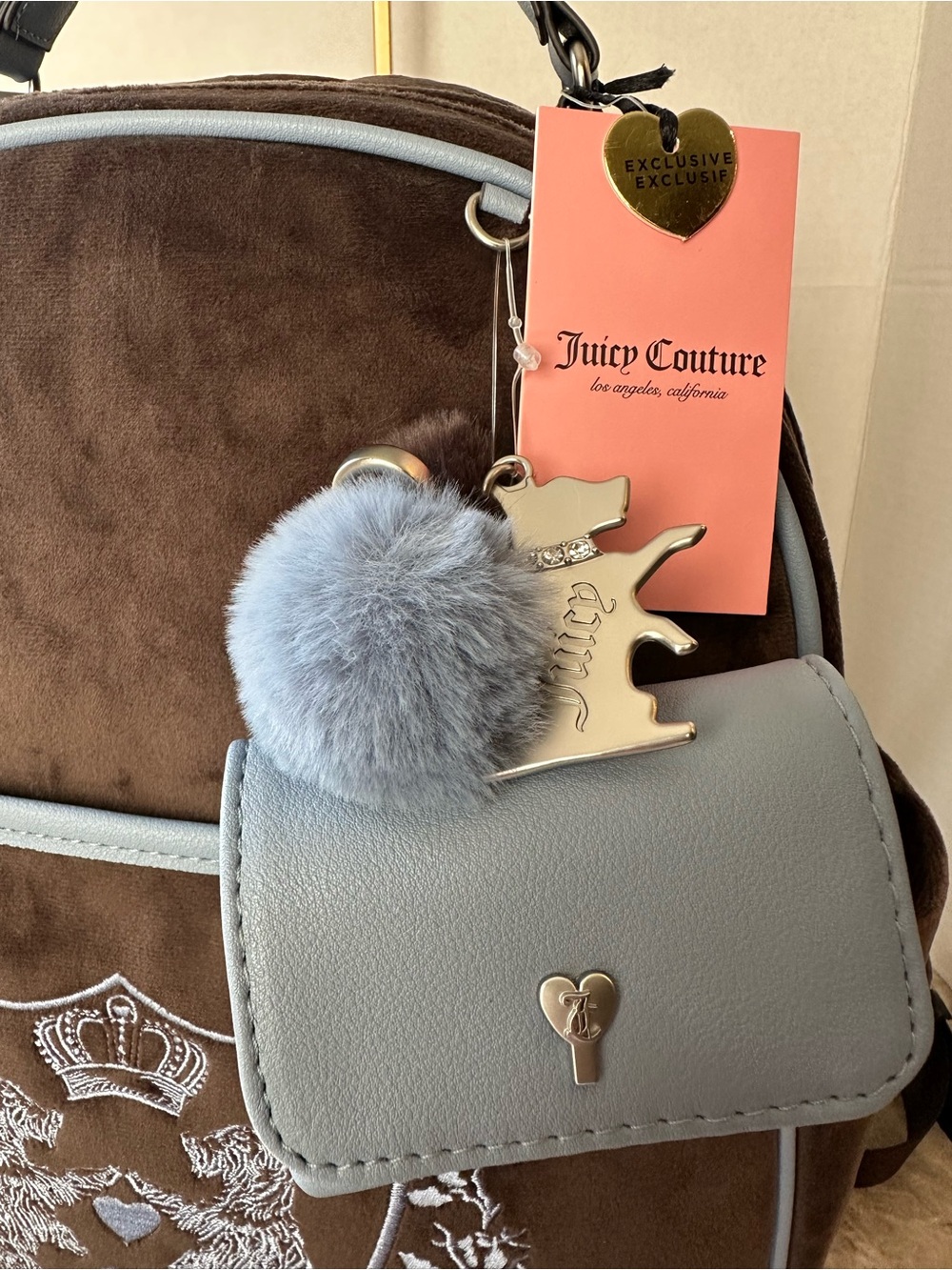 NWT Juicy Couture Bag New Love Chapter Velvet Backpack Brown & Blue Scottie Dog - Picture 8 of 11